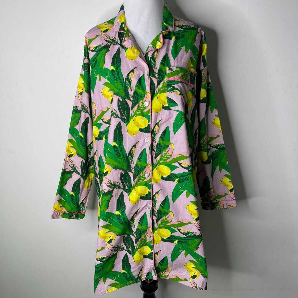 8 Oak Lane Women's Green Pink Lavender Lemons Tunic Sleep Cotton Shirt Size M